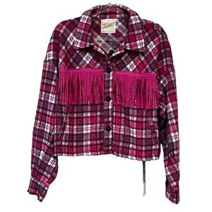 Altar'd State Pink Plaid Flannel Cropped Shirt Fringe Rhinestones oversize L NEW